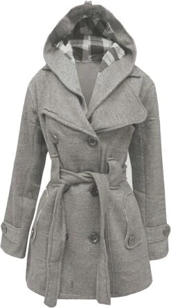 Women’s Checkered Hooded Style Grey Trench Coat