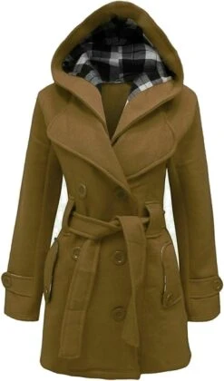 Women’s Checkered Hooded Style Khaki Trench Coat