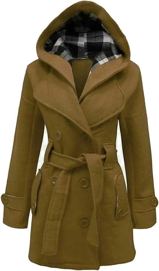 Women’s Checkered Hooded Style Khaki Trench Coat 3 Women’s Checkered Hooded Style Khaki Trench Coat
