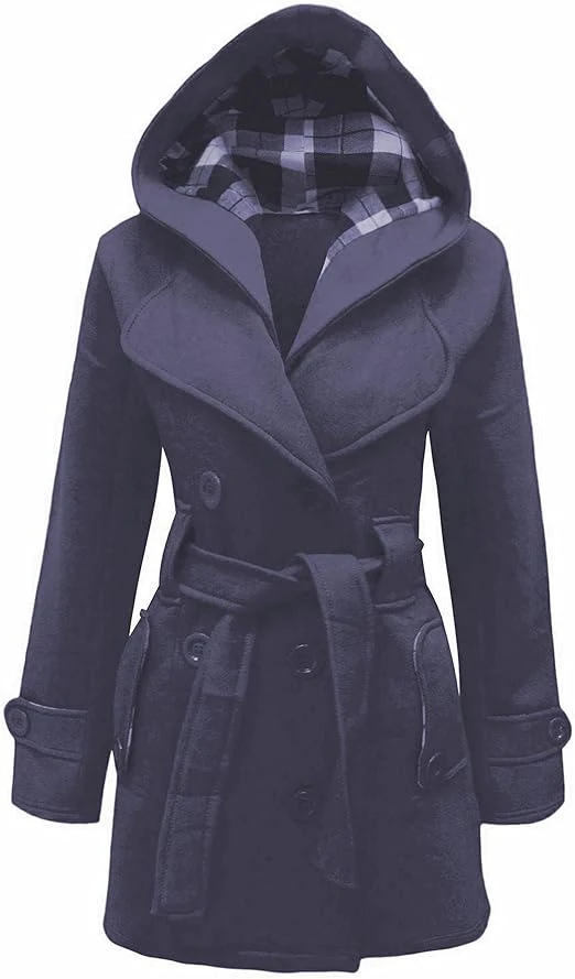 Women’s Checkered Hooded Style Navy Blue Trench Coat 3 Women’s Checkered Hooded Style Navy Blue Trench Coat