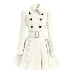 Women’s Fashion Classic Winter Thick Europe Belt Buckle White Trench Coat