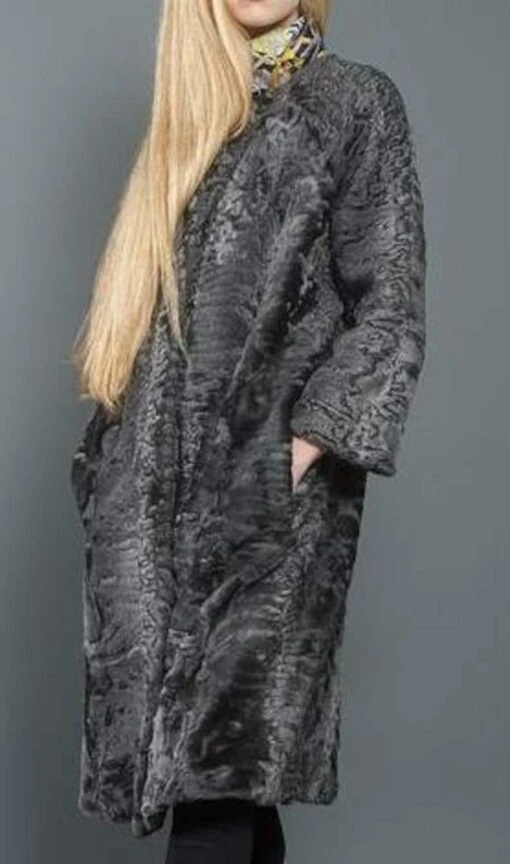 Women Real Persian Lamb Fur Grey Trench Coat 5 Women Real Persian Lamb Fur Grey Trench Coat - Image 3