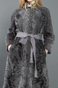 Women Real Persian Lamb Fur Grey Trench Coat