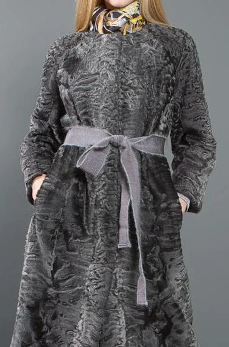 Women Real Persian Lamb Fur Grey Trench Coat 3 Women Real Persian Lamb Fur Grey Trench Coat