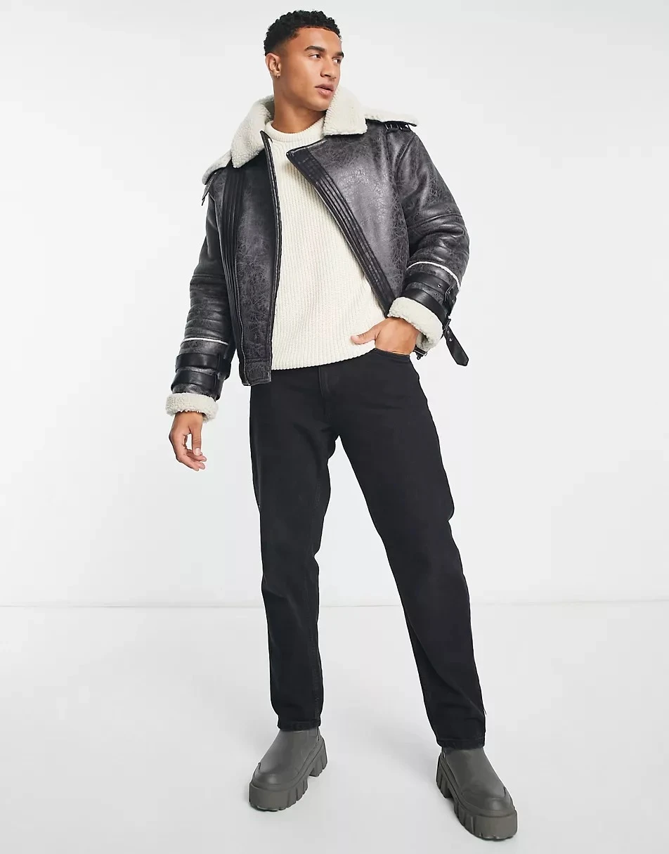 River Island Crackle Faux Shearling Aviator Jacket 4 River Island Crackle Faux Shearling Aviator Jacket - Image 2