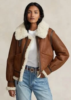 Leather Trim Shearling Aviator Jacket