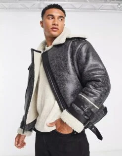 River Island Crackle Faux Shearling Aviator Jacket