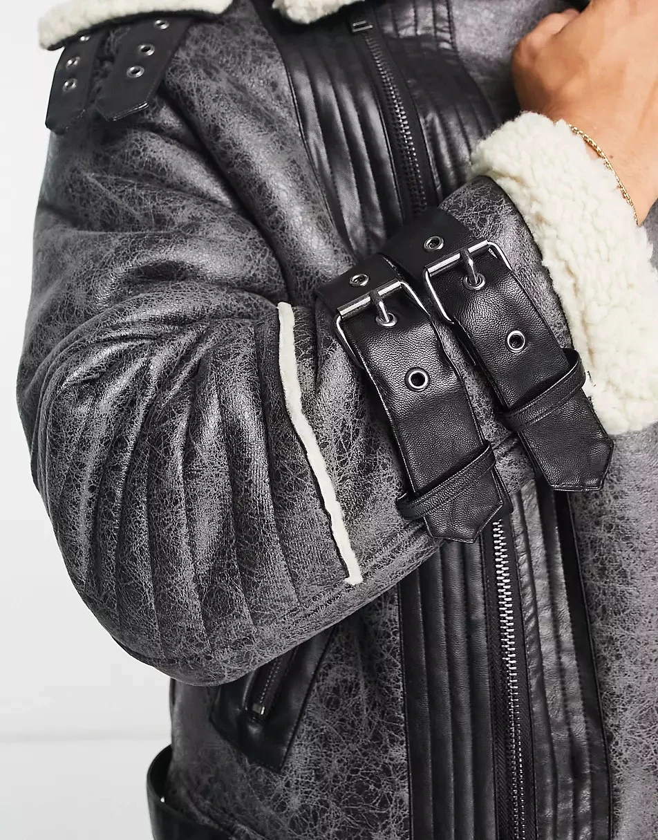 River Island Crackle Faux Shearling Aviator Jacket 5 River Island Crackle Faux Shearling Aviator Jacket - Image 3